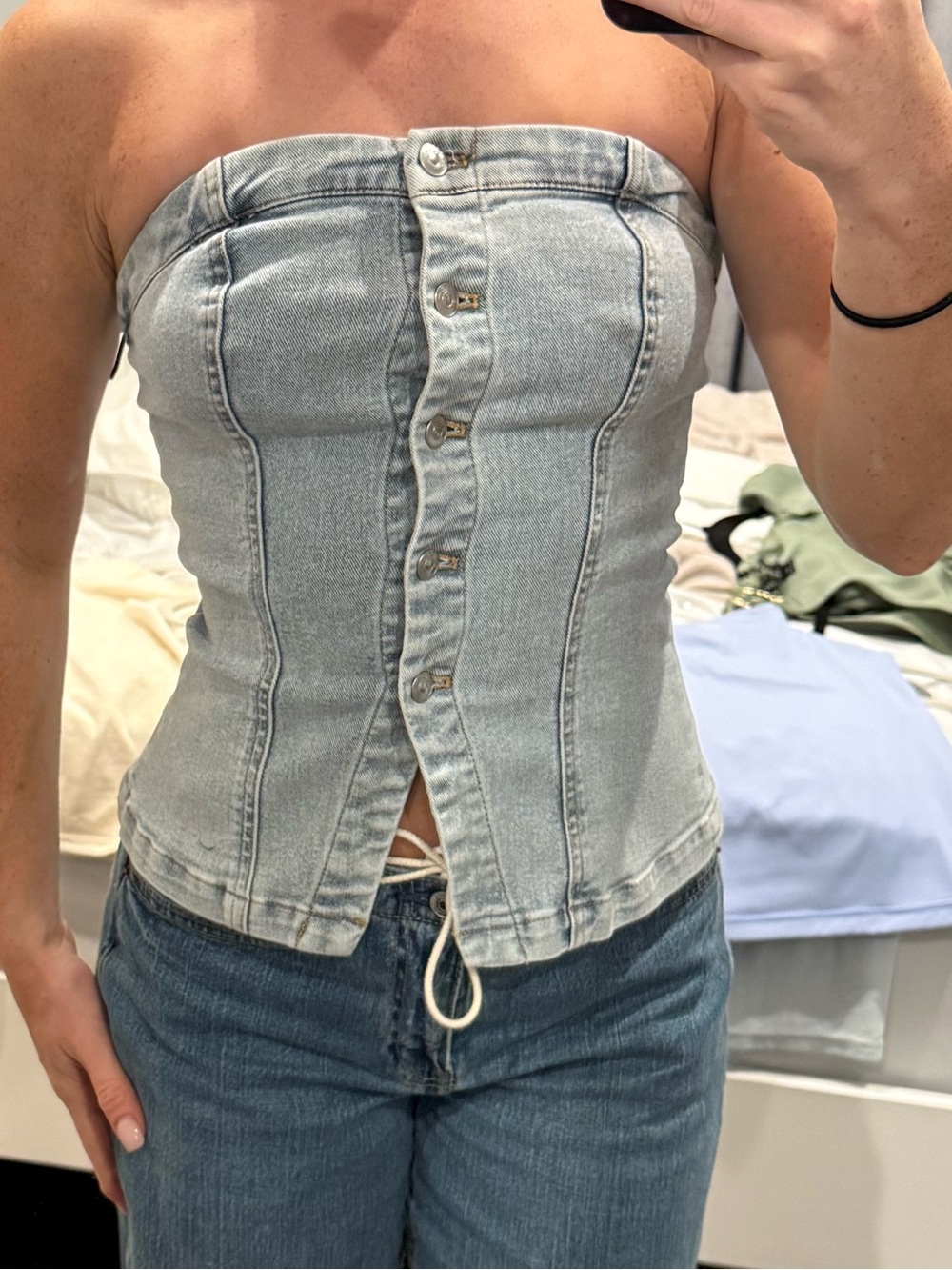 H&M Light Blue Denim Strapless Corset Top